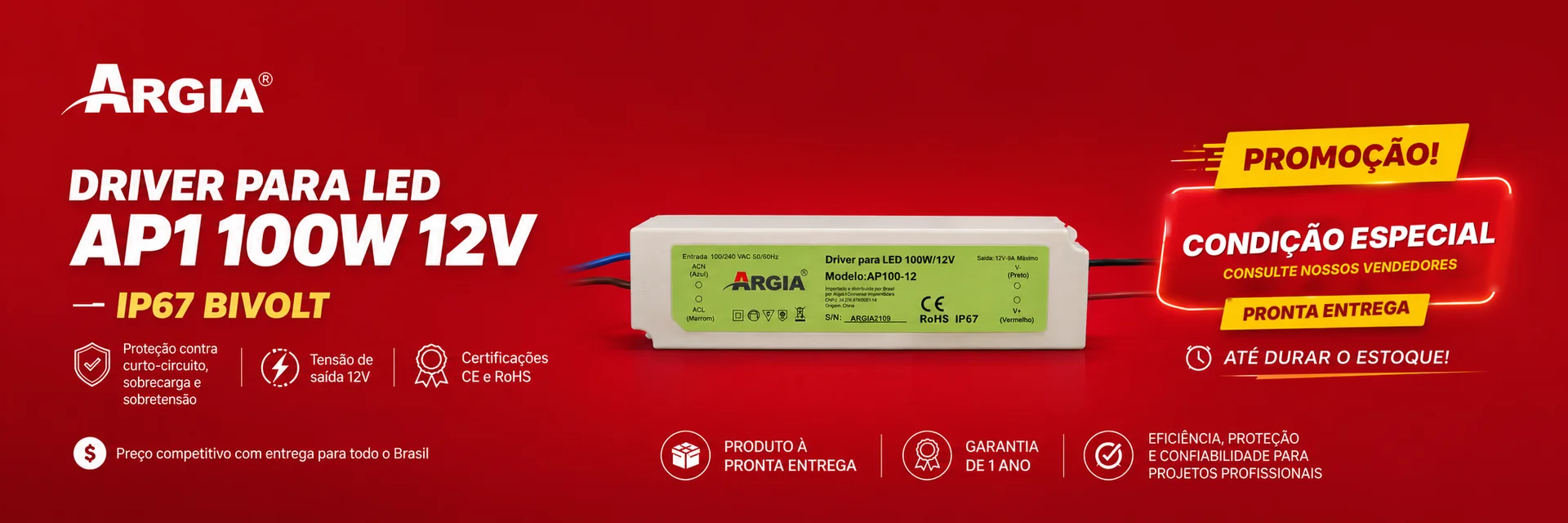 Driver para LED AP1 100W 12V IP67 bivolt - condição especial Argia