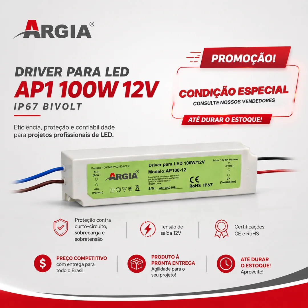 Driver para LED AP1 100W 12V IP67 bivolt - condição especial Argia