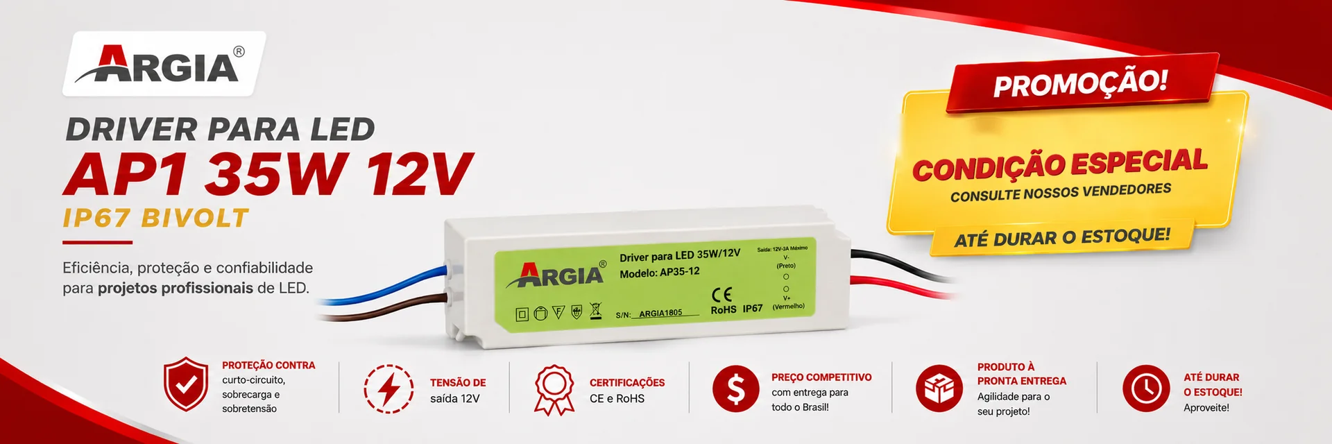 Driver para LED AP1 35W 12V IP67 bivolt - condição especial Argia