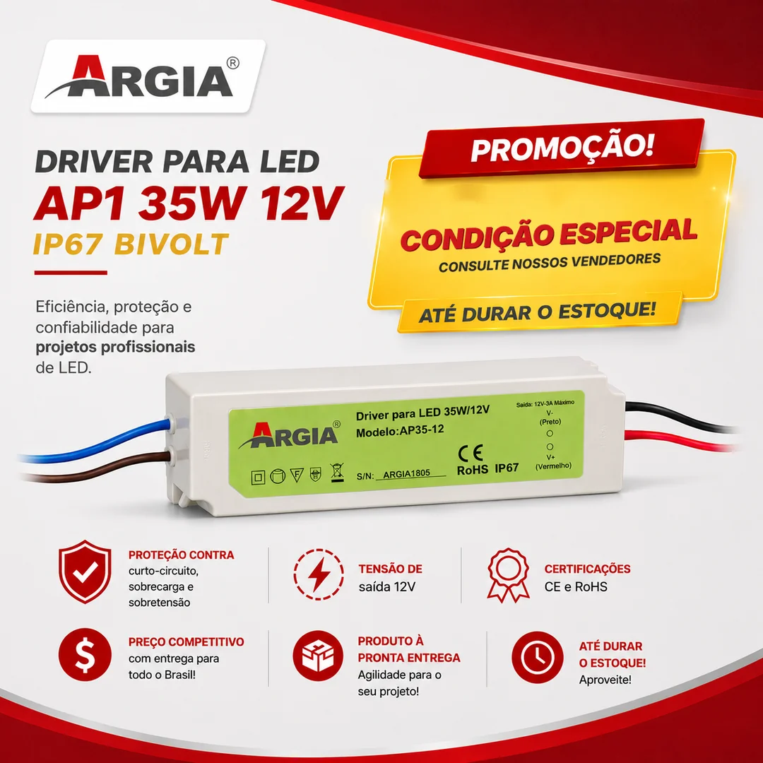 Driver para LED AP1 35W 12V IP67 bivolt - condição especial Argia
